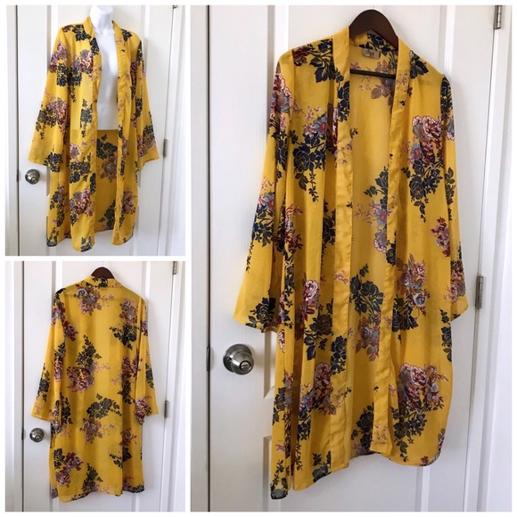 jorja Sweaters - Jorja Floral Kimono Coverup Yellow size Medium